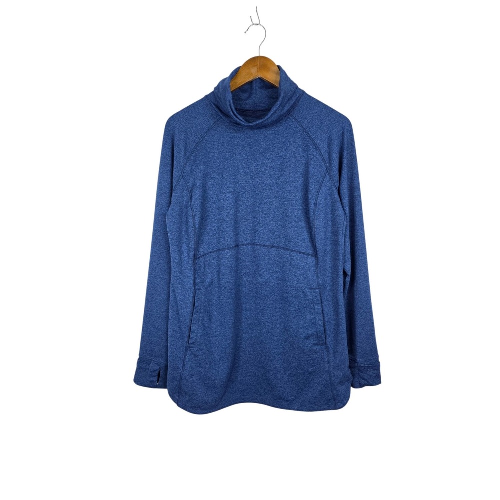 Duluth Trading Co Pullover Women M Blue Sweater Cowl Neck Pocket Stretch Outdoor